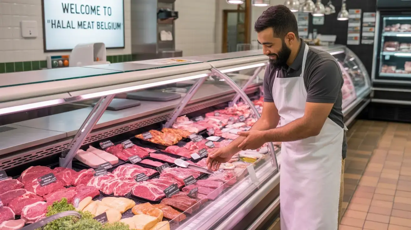 A halal butcher shop in Belgium with a variety of meats displayed, showcasing freshness and quality.