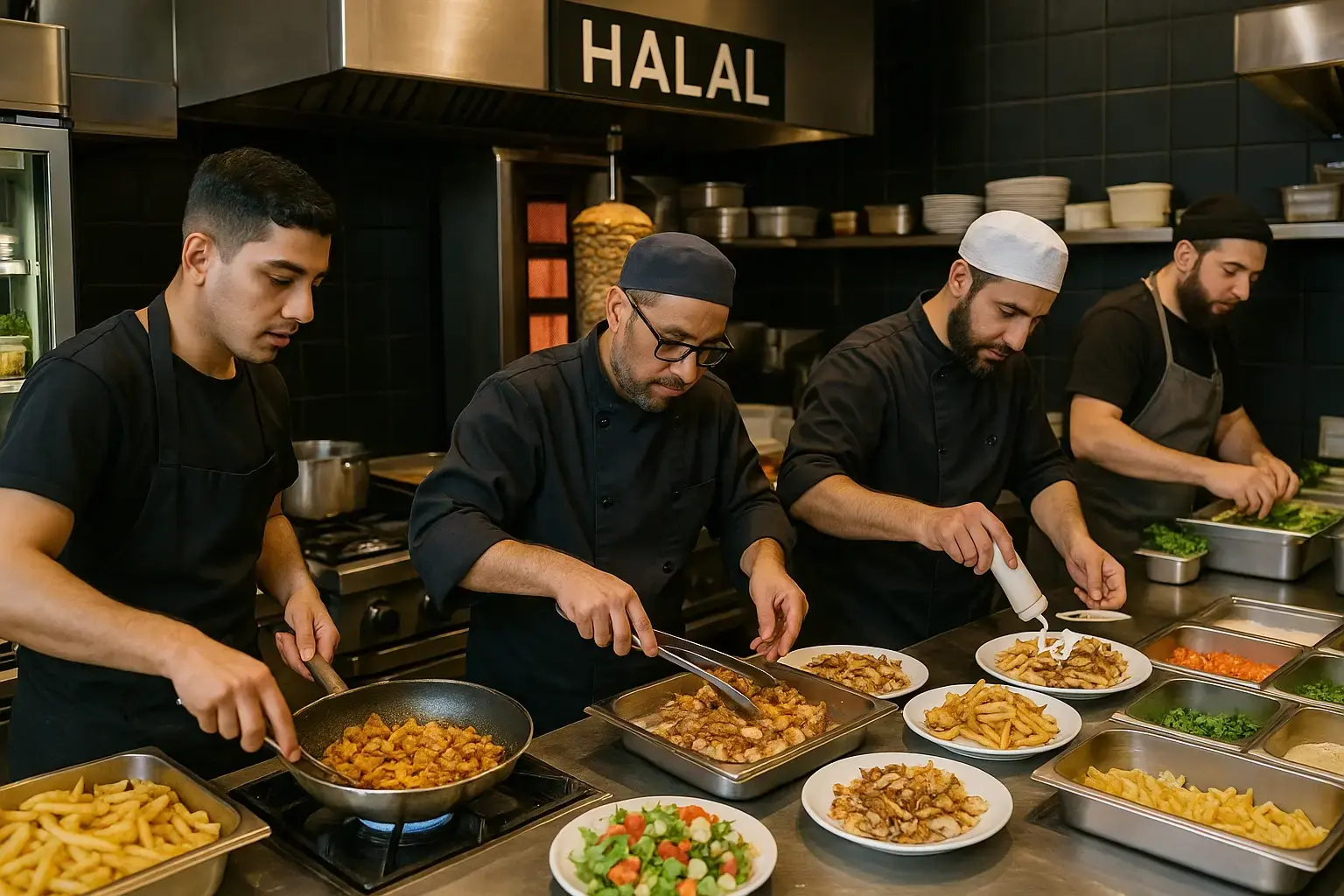 A busy halal restaurant kitchen in Belgium, chefs preparing food.