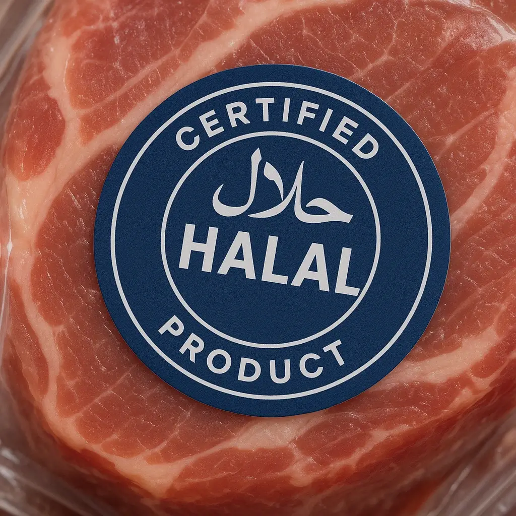 A close-up of a halal certification seal on meat packaging, symbolising product compliance.