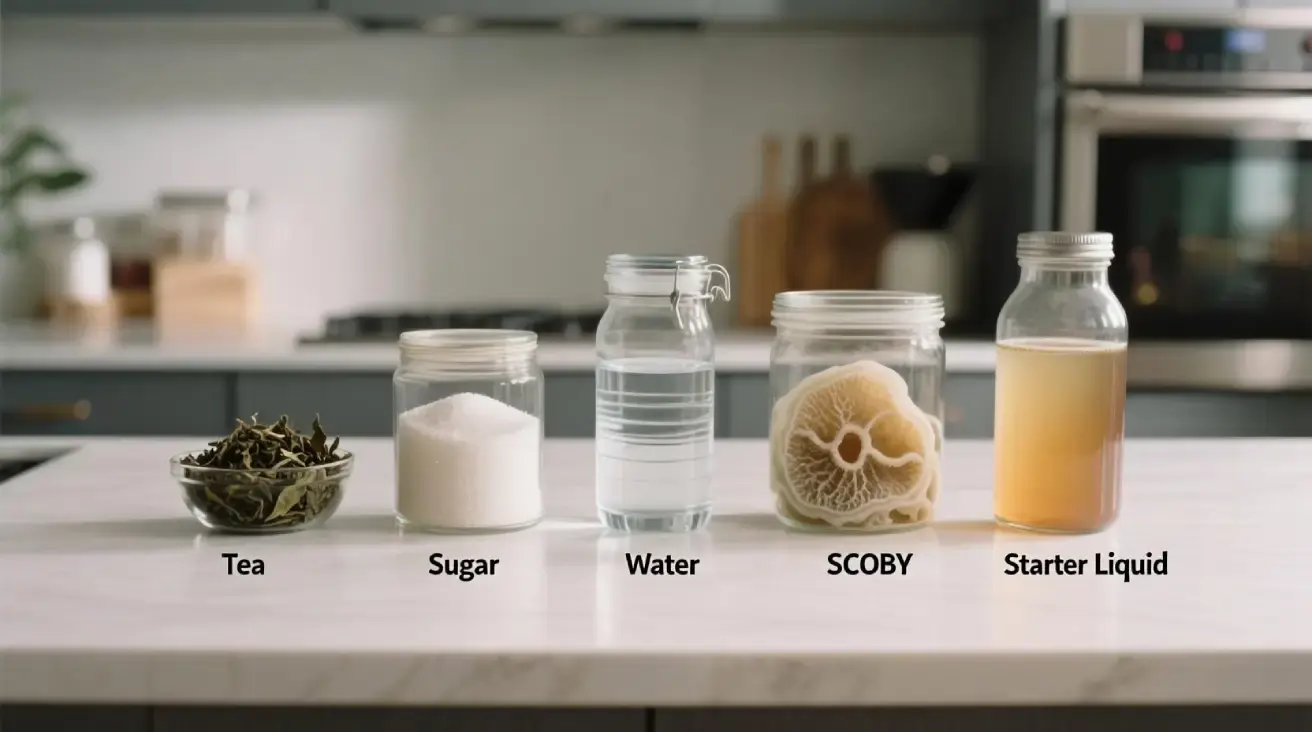 Ingredients for kombucha: tea, sugar, water, SCOBY, starter liquid.