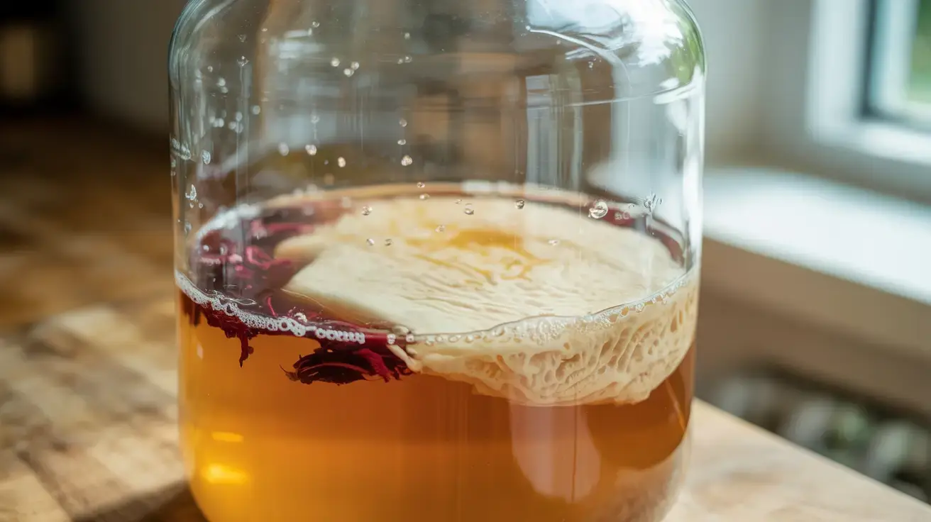 Close-up of kombucha brewing in a glass jar with SCOBY.