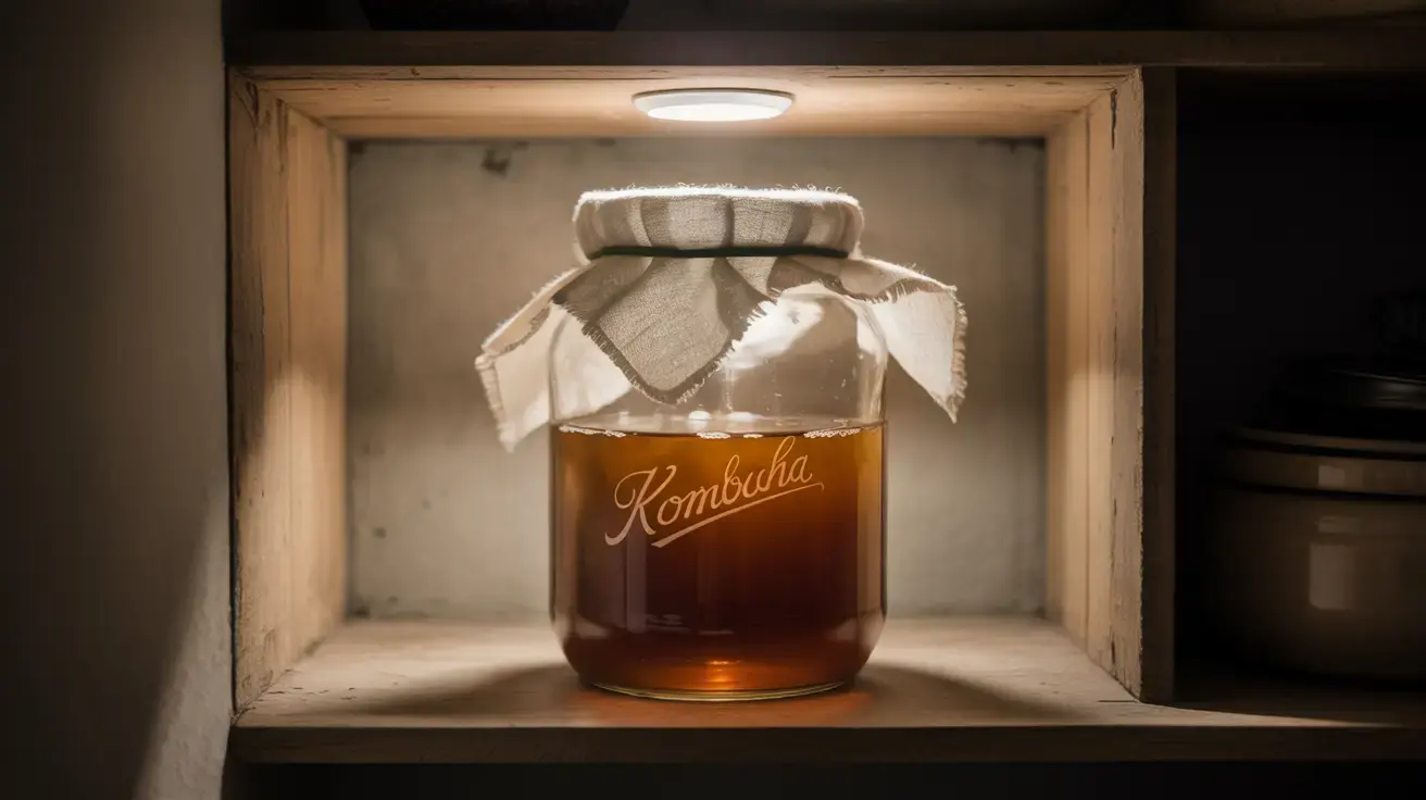 Kombucha first fermentation in a glass jar, covered with cloth.