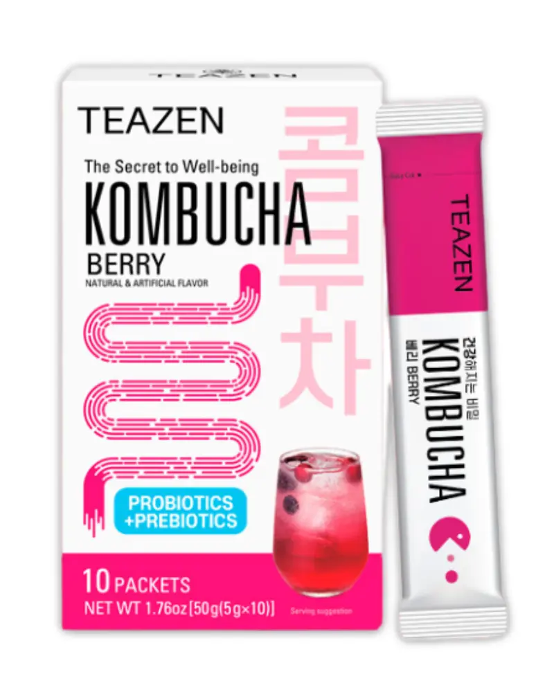 TEAZEN Kombucha Berry – Boisson instantanée au thé probiotique – 10 sachets – Sans sucre, Végan, Faible en calories – Thé fermenté KORÉEN avec prébiotiques
