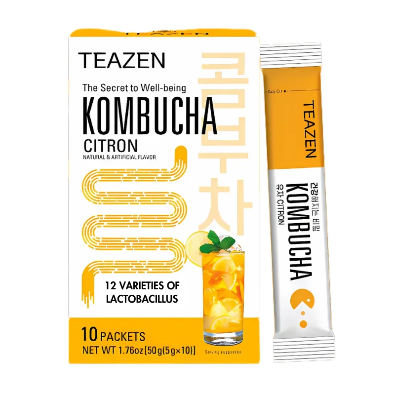 [TZ-KOCTN] TEAZEN Koreaanse Citroen (Yuzu) Kombucha – Instant Koreaanse Yuzu-thee met probiotica – 10 zakjes – Suikervrij, veganistisch, caloriearm – Gefermenteerde citrusdrankmix
