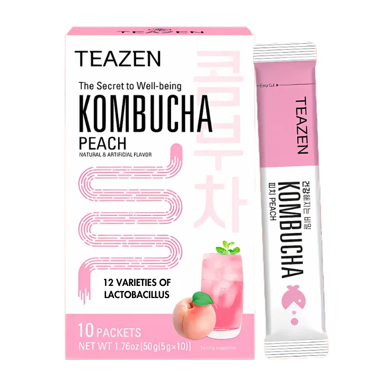 [TZ-KOPEH] TEAZEN Pêche Kombucha – Thé probiotique fermenté instantané – 10 sachets – Sans sucre, végétalien, faible en calories – Boisson fruitée en poudre coréenne avec prébiotiques