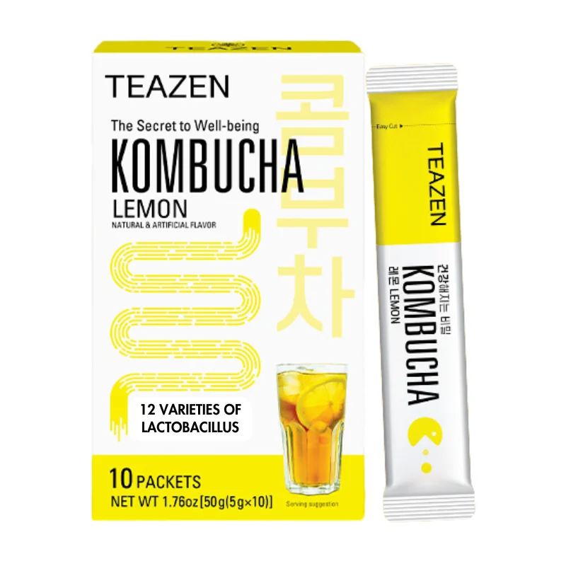 [TZ-KOLMN] TEAZEN Classic Lemon Kombucha – Instant probiotische theedrank – 10 zakjes – Suikervrij, veganistisch, caloriearm – Koreaanse gefermenteerde thee met prebiotica