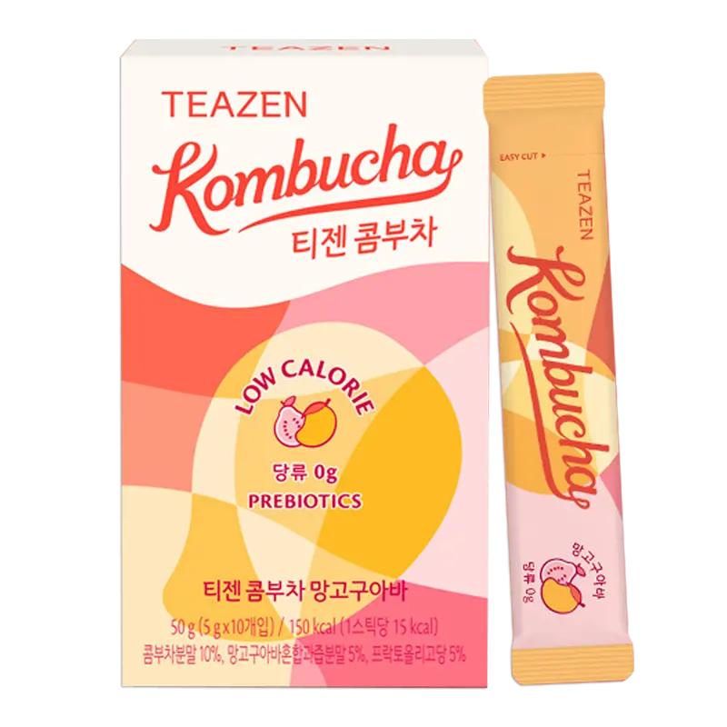[TZ-KOMGU] TEAZEN Mango-Guave Kombucha – Instant Koreanischer Tropentee mit Probiotika – 10 Beutel – Zuckerfrei, Vegan, Kalorienarm – Exotisches Fermentiertes Getränkepulver