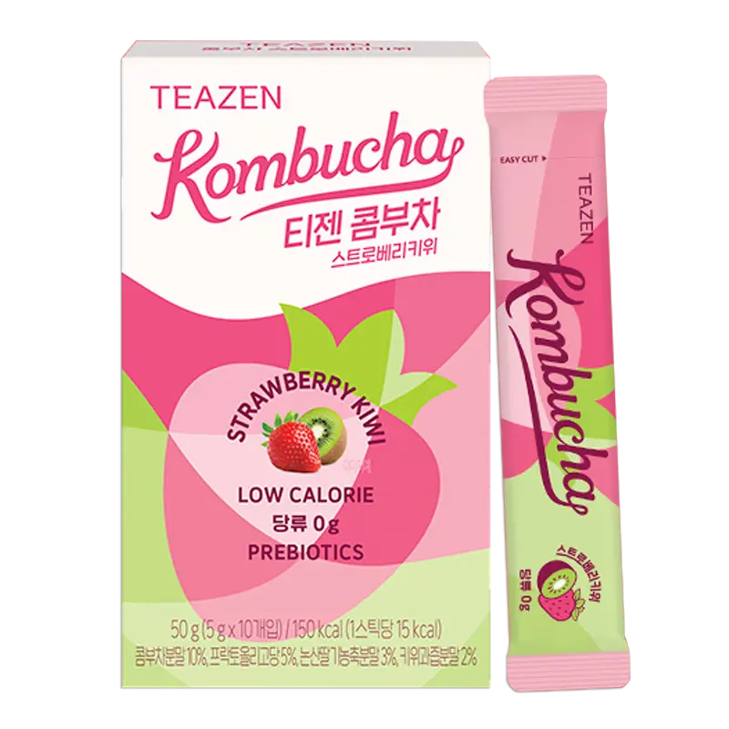 TEAZEN Kombucha Fraise Kiwi – Boisson Hydratante en Poudre – Sans Sucre – Probiotiques & Prébiotiques Vivants – 10 Sticks