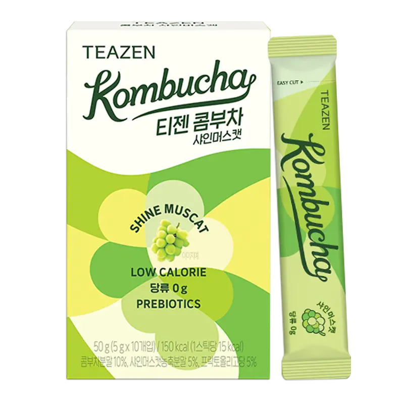 TEAZEN Kombucha au Raisin Shine Muscat – Boisson Hydratante & Électrolytes – Sans Sucre – Probiotiques & Prébiotiques Actifs – 10 Sticks
