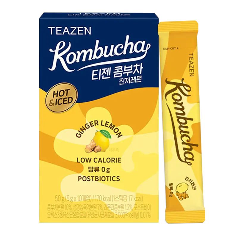 TEAZEN Kombucha Thé Citron Gingembre – Chaud & Froid – Avec Probiotiques et Postbiotiques Vivants – Relaxant et Réconfortant pour les Rhumes et les Maux de Gorge – Boisson d’Hydratation en Poudre, Sans Sucre – 10 Sticks