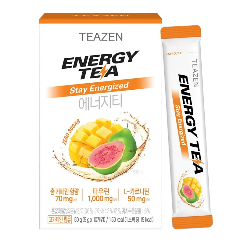 [TZ-ENTEA] TEAZEN Energy Tea – Triple Boost – Natural Energy Drink with Guarana, Black Tea, Guava & Mango – Sugar-Free, Low Calorie, Instant Hydration & Focus Booster – 10 Sticks