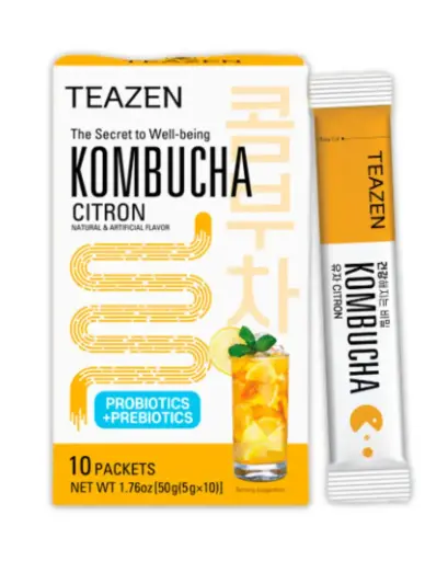 [TZ-KOCTN] TEAZEN Kombucha Citron – Thé instantané KORÉEN au yuzu avec probiotiques – 10 sachets – Sans sucre, végétalien, faible en calories – Préparation pour boisson fermentée aux agrumes