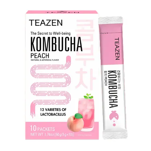 [TZ-KOPEH] TEAZEN Peach Kombucha – Instant Fermented Probiotic Tea – 10 Bags – Sugar Free, Vegan, Low Calorie – KOREAN Fruity Powdered Drink with Prebiotics