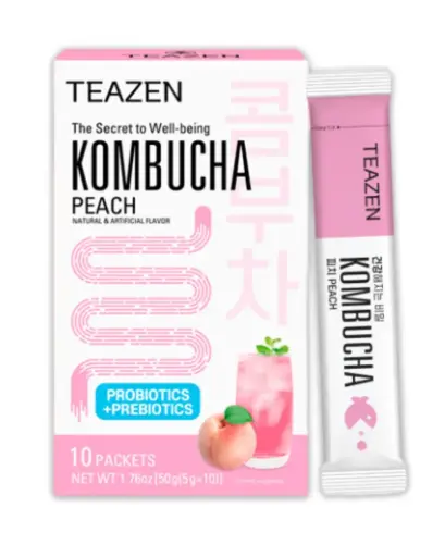 [TZ-KOPTH] TEAZEN Kombucha Pêche – Thé probiotique fermenté instantané – 10 sachets – Sans sucre, Végan, Faible en calories – Boisson fruitée KORÉEN en poudre avec prébiotiques