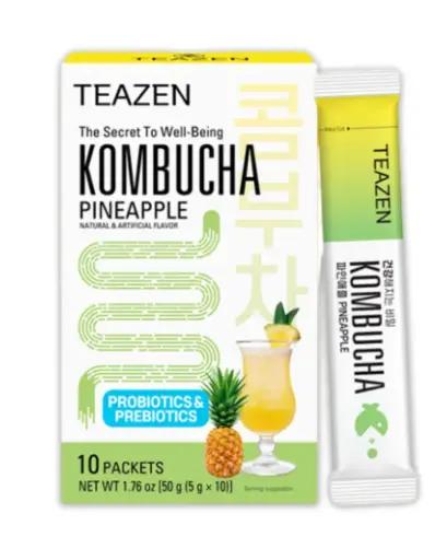 TEAZEN Kombucha Ananas – Thé fermenté probiotique instantané – 10 sachets – Sans sucre, végétalien, faible en calories – Préparation pour boisson KORÉEN tropicale avec prébiotiques