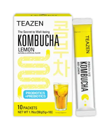 [TZ-KOPIA] TEAZEN Kombucha Citron – Boisson instantanée probiotique au thé – 10 sachets – Sans sucre, végétalien, faible en calories – Thé fermenté KORÉEN aux prébiotiques