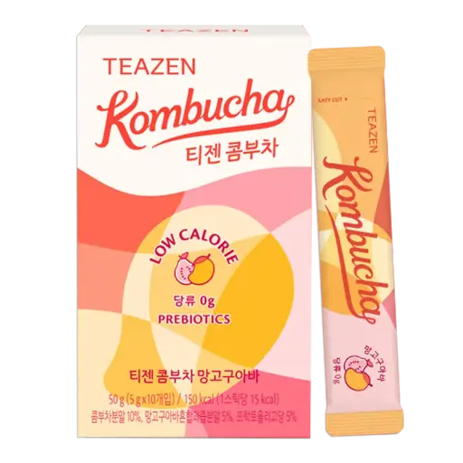 [TZ-KOMGU] TEAZEN Kombucha Mangue Goyave – Thé tropical coréen instantané aux probiotiques – 10 sachets – Sans sucre, Végan, Faible en calories – Boisson fermentée exotique en poudre