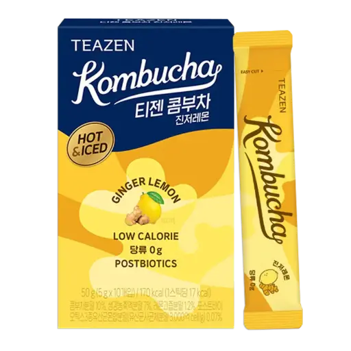 [TZ-KOGLM] TEAZEN Kombucha Tee Zitrone Ingwer – Heiß & Kalt – Mit Lebenden Probiotika und Postbiotika – Entspannend und Wärmend bei Erkältungen und Halsschmerzen – Hydrations-Drinkmix, Zuckerfrei – 10 Sticks