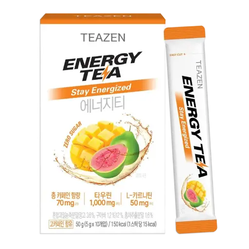 [TZ-ENTEA] TEAZEN Energy Tea –  Triple Boost – Boisson énergétique naturelle au guarana, thé noir, goyave et mangue – Sans sucre, faible en calories, hydratation instantanée et booster de concentration – 10 sticks